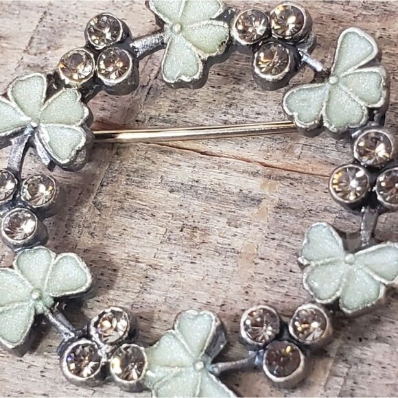 ENAMELED CLOVERS & CRYSTAL Wreath Brooch Pin - Picture 5 of 6